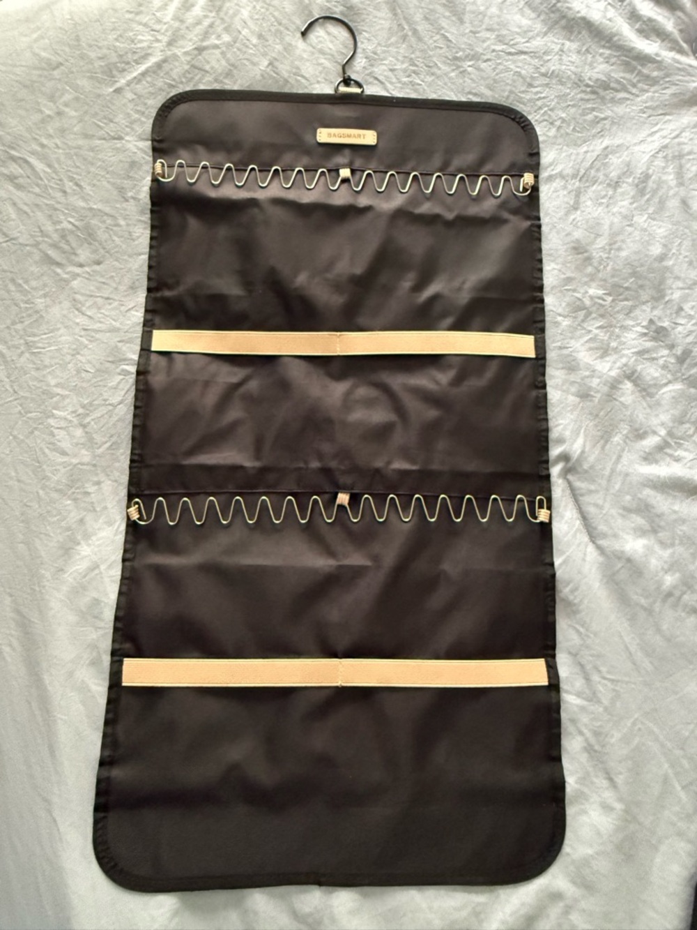 Black Travel Hanging Jewelry Organizer with Beige/Gold Straps